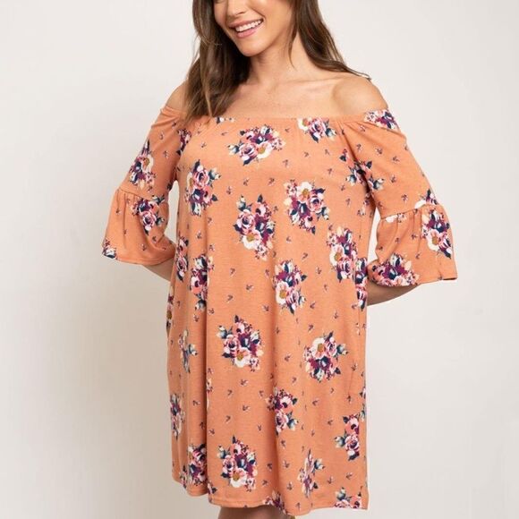 NEW! WOMEN'S BOHO JERSEY FLORAL OFF SHOULDER TIERED SLEEVE POCKETED DRESS - Picture 2 of 3